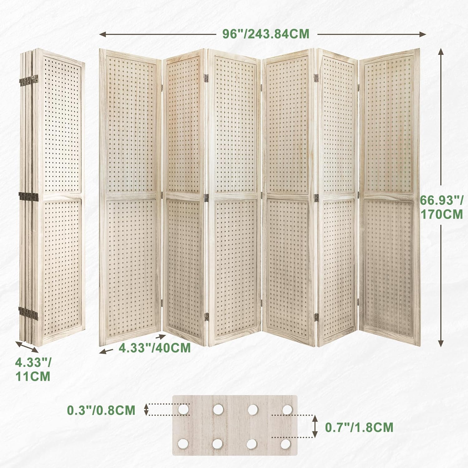 6 Panel Room Dividers 5.6FT Wall Divider with Freestanding Peg Board Display Wooden Folding Privacy Screen Foldable Partition Wall for Studio Apartment, Living Room, Natural Wood