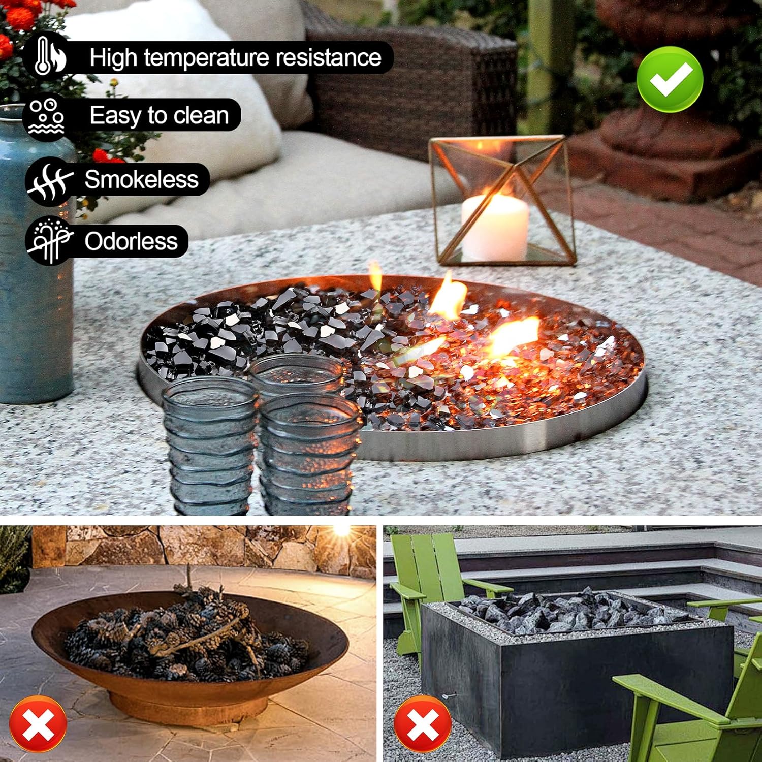 GasSaf 1/2 Inch Fire Glass Reflective Tempered Fireglass Cut Crushed FireGlass for Fire Pit, Fireplace, Replaces Existing Gas Logs & Lava Rocks (10 Pound)(Black Reflective)