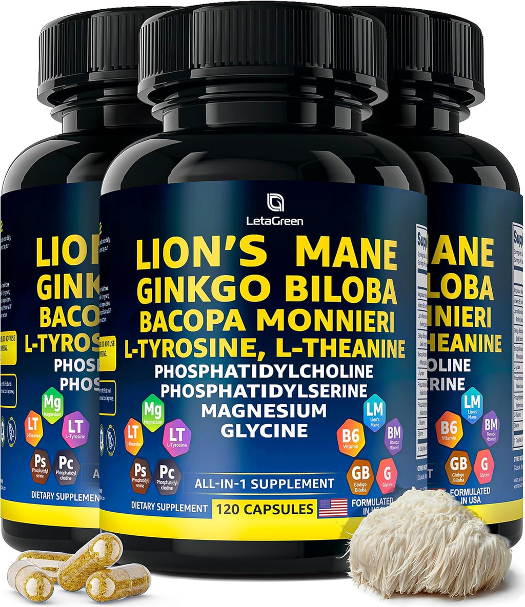 Organic Lions Mane Supplement Capsules - 360 Real Mushrooms Lion's Mane Capsules with Ginkgo Biloba Herb, Bacopa Monnieri, L Theanine, L Tyrosine - Mushroom Complex for Daily Wellness