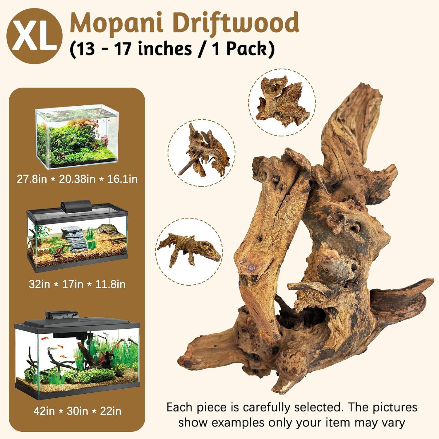 kathson Large Natural Aquarium Driftwood Reptiles Branches Terrarium Ornament Sinkable Wood Decor Trunk Fish Tank Log Habitat Decoration (13"-17")