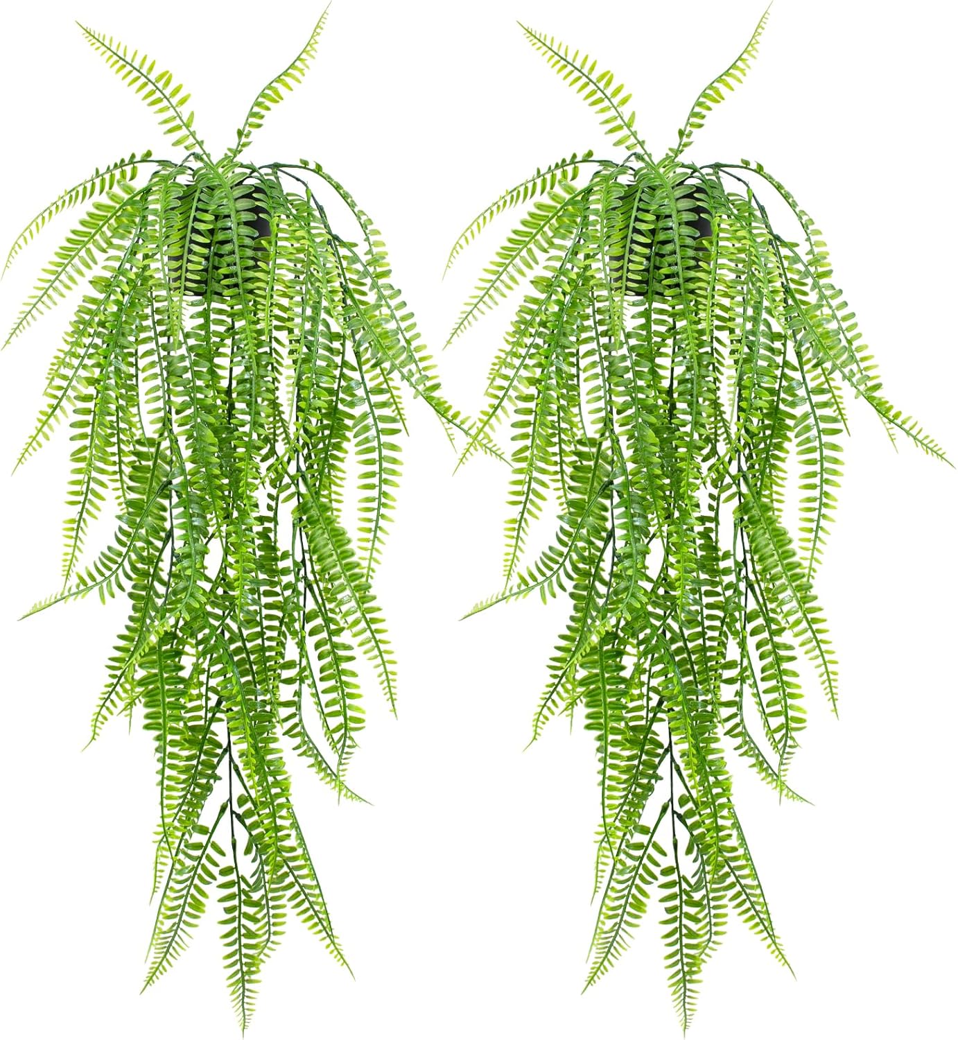 LOYWREE 2Pack Small Fake Hanging Plant with Pot, Artificial Potted Fern Plant, 28.7-in Long Faux Hanging Ferns Vine Plant for Shelf Home Office Indoor Outdoor Garden Greenery Decor (Black Pot)