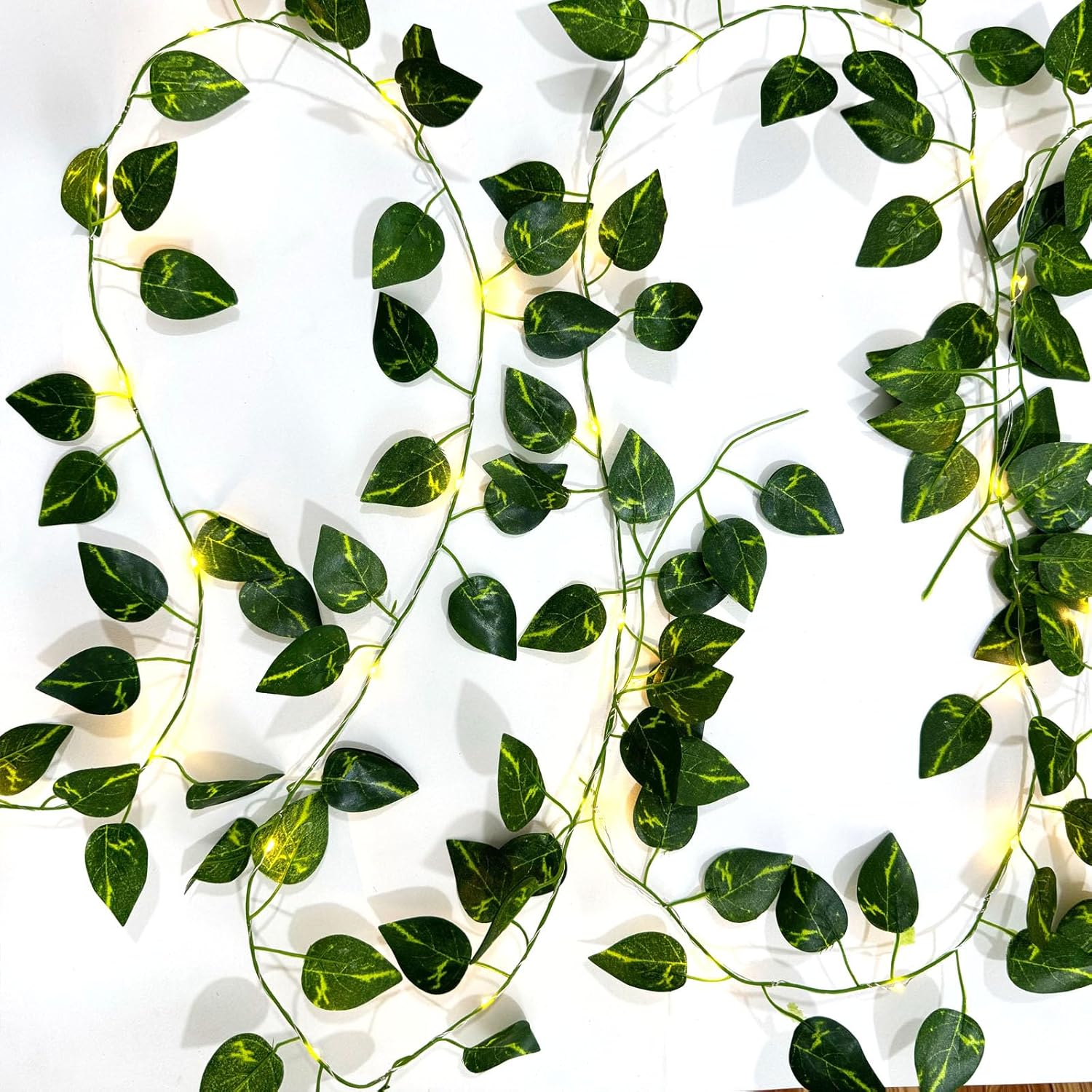 6 Pcs Artificial Hanging Plants Pothos Vines with 60 Warm Lights, Pothos Vine Leaves, Fake Plant Vine Hanging Garland for Wall, Party Wedding, Home, Kitchen, Indoor and Outdoor Decoration