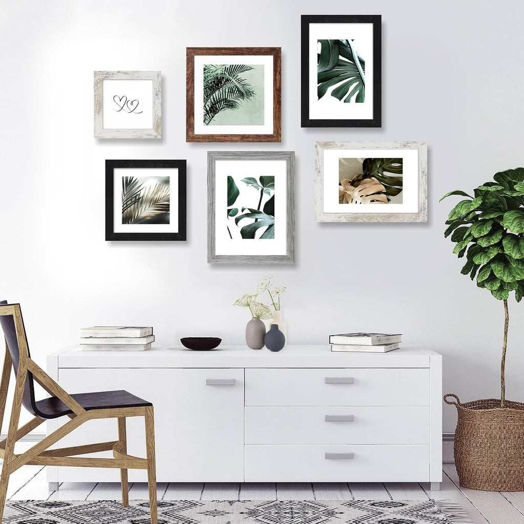 10x10 Picture Frame Set of 4, Made of Glass and Multicolour Wooden Frame, 10 by 10 Photo for Wall or Tabletop - Display Picture 8x8 with Mat or 10x10 Without Mat