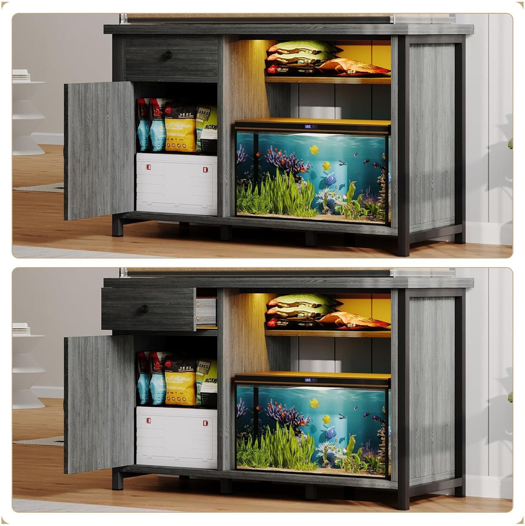 4ever2buy 55-75 Gallon Fish Tank Stand with Power Outlets, LED Light, Heavy Duty Aquarium Stand with Cabinet for Fish Tank Accessories Storage, for Turtle Tank, Reptile Terrarium, 1100LBS, Gray