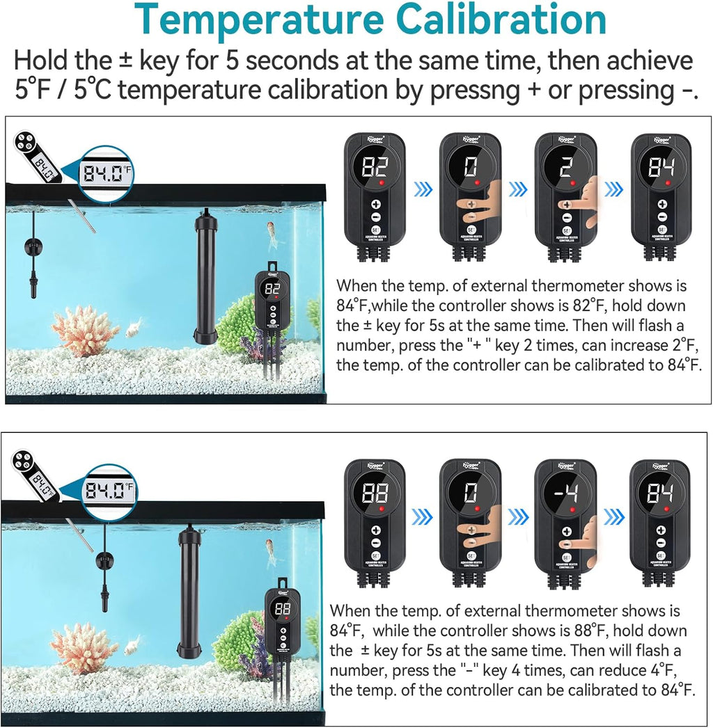 hygger Marine Aquarium Heater 50W 100W 200W 300W 500W,Titanium Heater with Temperature Calibration,Digital LED Controller,Temperature Probe,Submersible Fish Tank Heater for Saltwater Freshwater Tank