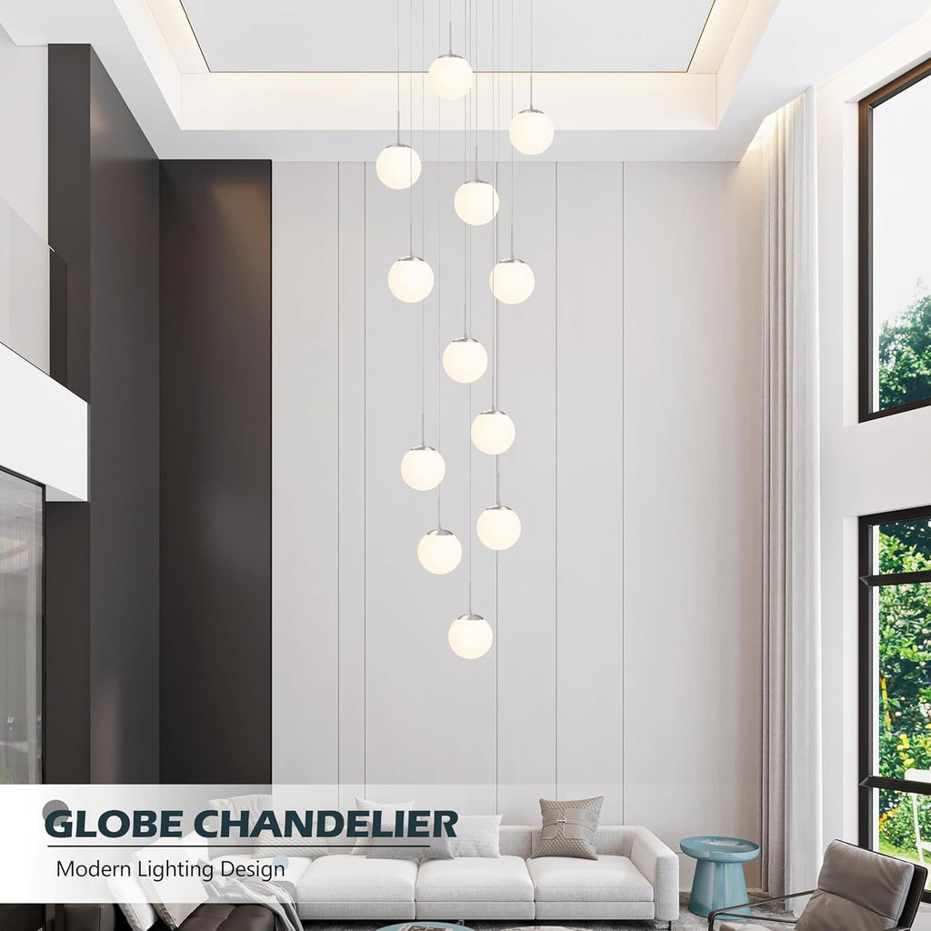 KoKo&Yukina 12-Light Nickel Mid Century Modern Chandelier for Living Room Staircase Chandelier for Entryway Globe Milky White Glass Pendant Light High Ceiling Chandeliers Foyer (Bulb & Remote Incl.)