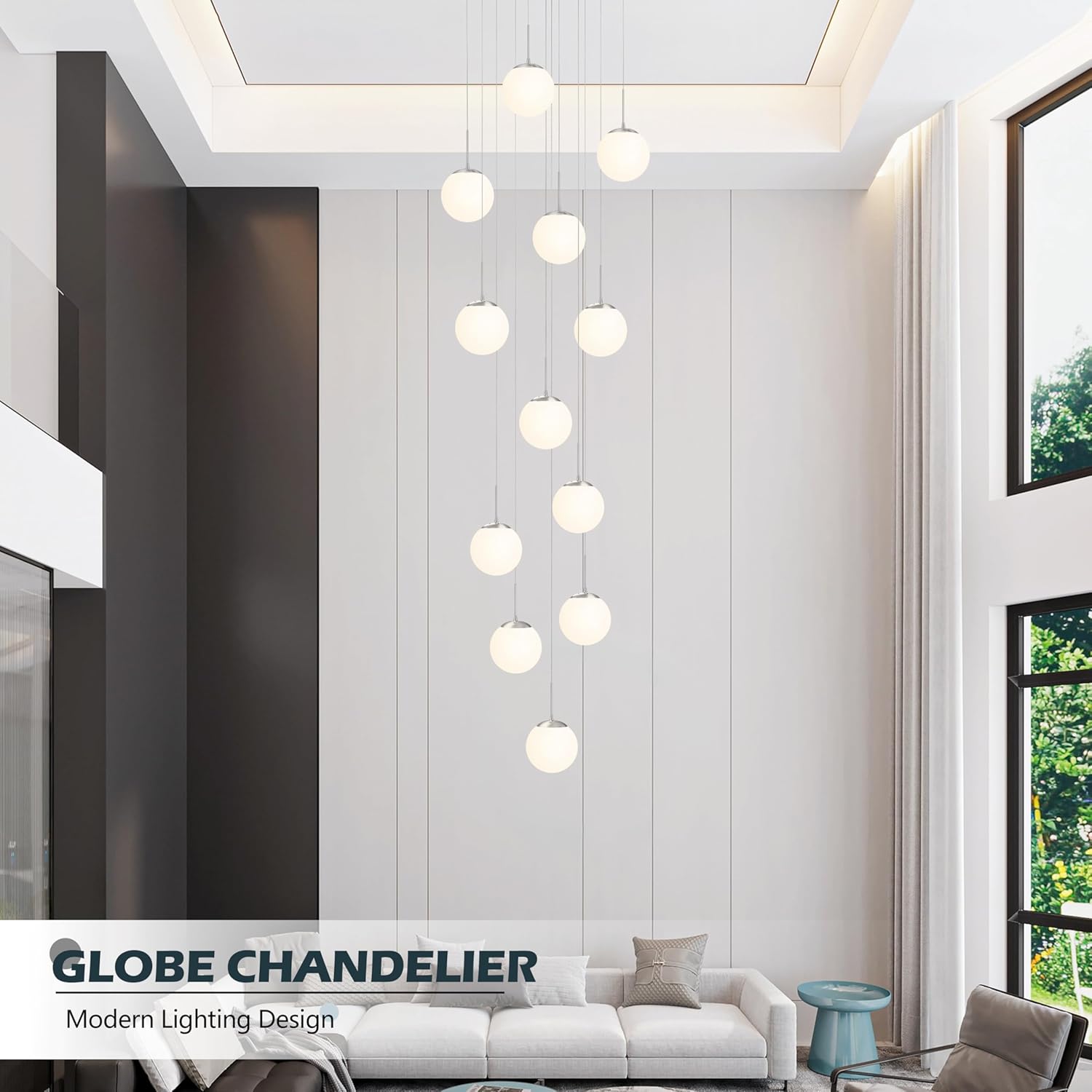 KoKo&Yukina 12-Light Nickel Mid Century Modern Chandelier for Living Room Staircase Chandelier for Entryway Globe Milky White Glass Pendant Light High Ceiling Chandeliers Foyer (Bulb & Remote Incl.)