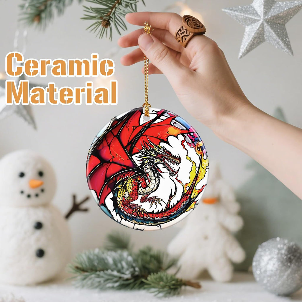 Ceramic-Style Christmas Tree Decorations, Christmas Ornaments, Double-Sided Printed Ornament Keepsakes, Holiday Decor. Xmas Gifts, Gifts for Dragon Lovers - Dragon-Themed