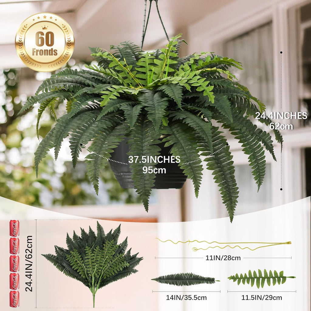 JUSTOYOU 36" Artificial Boston Fern Bush, Artificial Ferns for Outdoors Large Set of 2 with 60 Fronds Faux Ferns UV Resistant Fake Plants for Indoor and Outdoors Home Office Greenery Decor