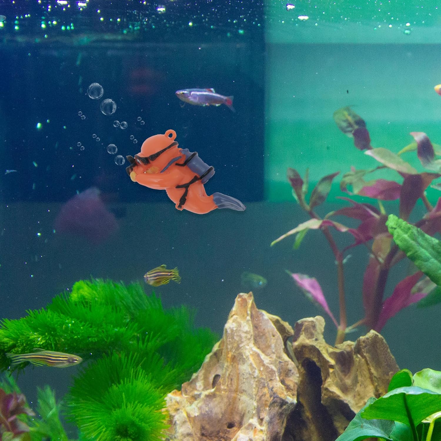 Diver Aquarium Decorations, Floating Diver Fish Tank Decorations, Floating Cartoon Diver Decor, Fun Floating Fish Decoration, PVC Diver Decor, Orange, 1 Set