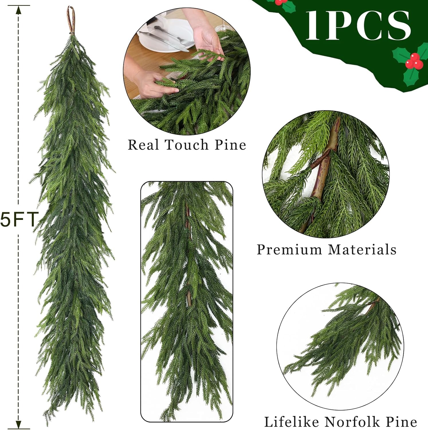 5FT Real Touch Norfolk Pine Garland - Artificial Christmas Garland Fake Green Faux Pine Needles Garland for Table Fireplace Mantle Holiday Home Indoor Outdoor Decor (1PCS)