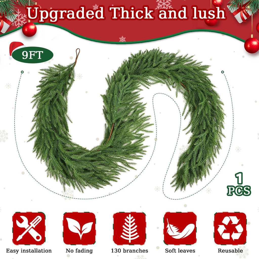 9 Ft Norfolk Pine Garlands,Artificial Christmas Real Touch Greenery Garland Realistic Faux for Mantle,Table,Sairs,Wall, Indoor,Outdoor Holiday Christmas Decorations Xmas-Green