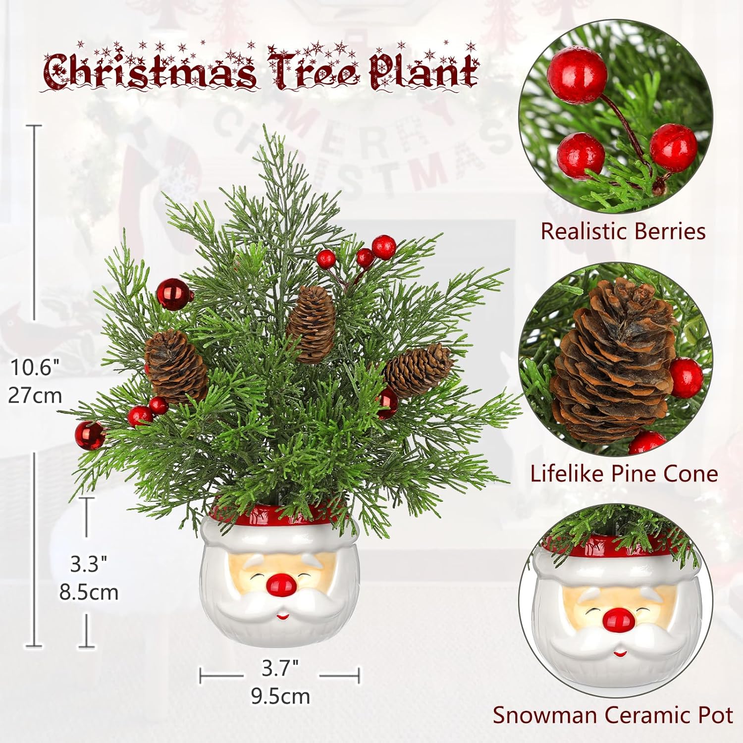 Hollyone Small Christmas Tree Cedar 10" Tabletop Snowman Potted Plants with Vase Artificial Mini Xmas Tree Decorations Plant with Christmas Ball Ornaments Berries Pine Cones Slim Tree Party Home Decor