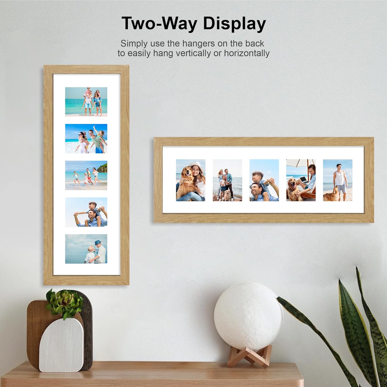 8x24 Picture Frame 2 Pack, Natural Oak Wood Frame with Tempered Glass, Display Pictures Multiple Five 4x6 With Mat or 8 x 24 Without Mat - Horizontal or Vertical Wall Mounting