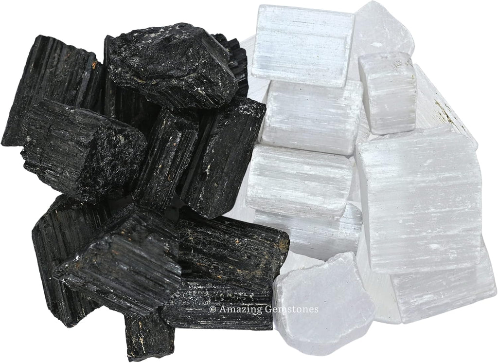 Amazing Gemstone Black Tourmaline Selenite Crystal - 1/2 lb Bulk Raw Black Tourmaline Crystals and Selenite Healing Crystals for Protection, Crystal Grid, Energy Piedra Selenita Original