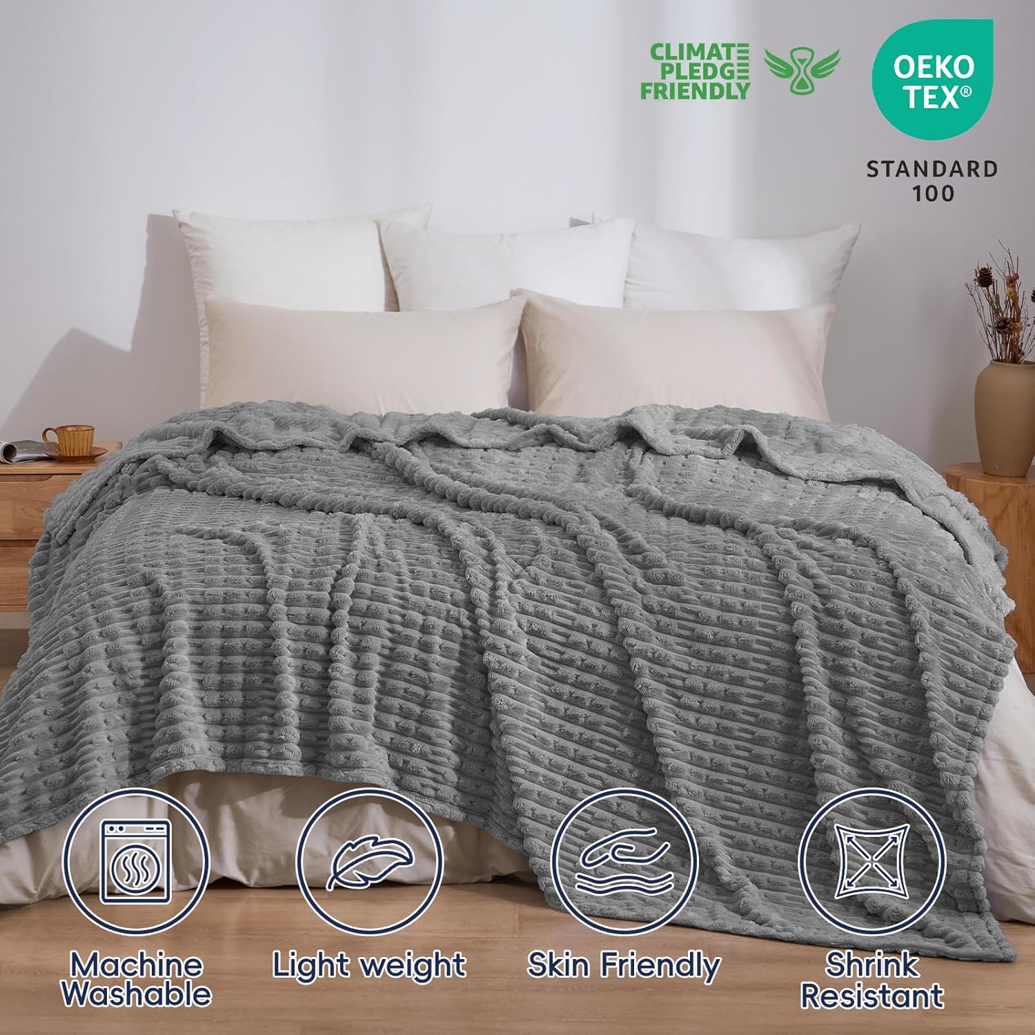 PHF Ultra Soft Flannel Fleece Blanket Queen Size, Lightweight 3D Jacquard Fleece Blanket, No Shedding, No Pilling, Luxury 340GSM Aesthetic Fluffy Cozy for Bed Room Decor, 90"x90", Frost Gray