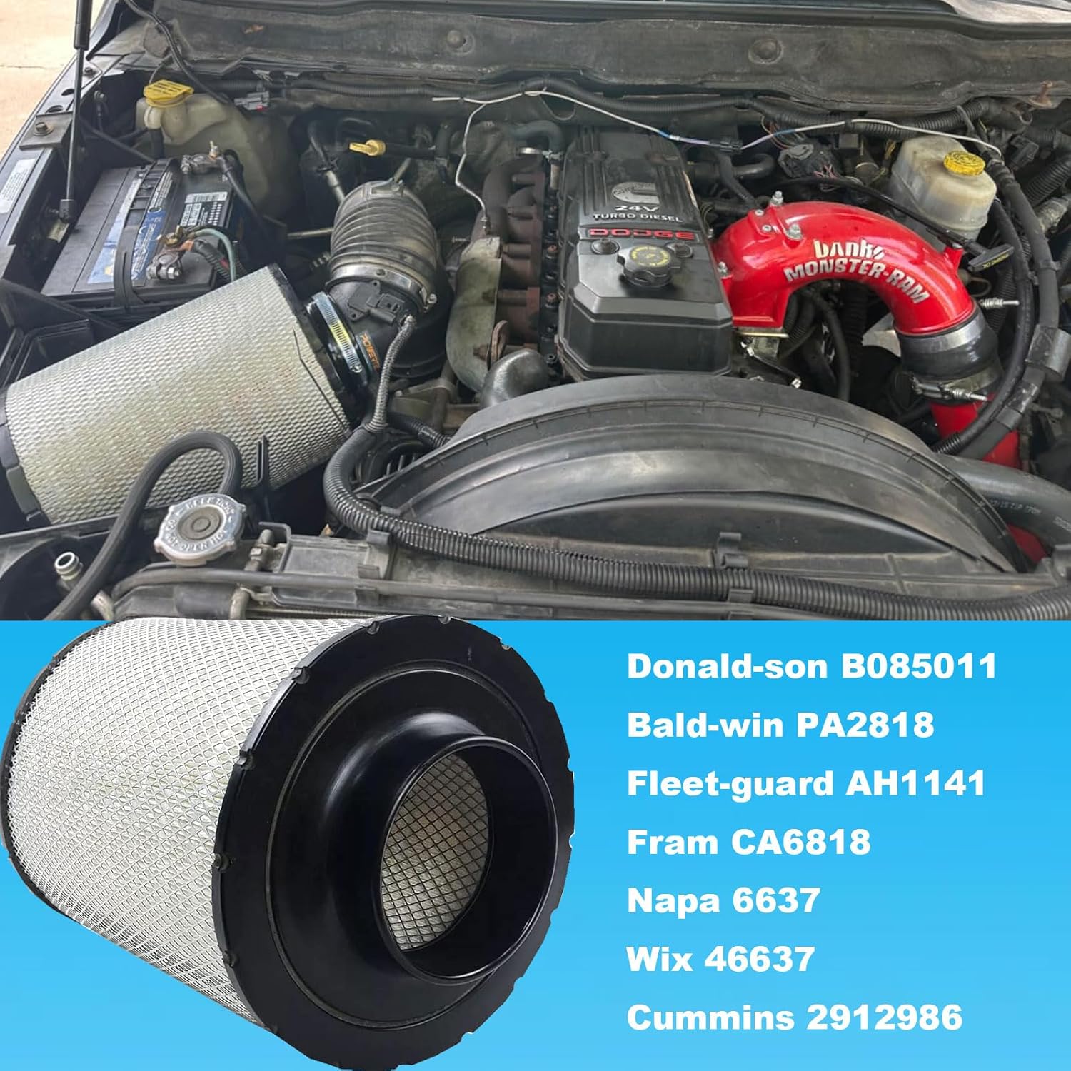 B085011 Air Filter for Wix 46637 Fleet-guard AH1141 Napa 6637 Bald-win PA2818 Fram CA6818 Donald-son B085011 Cummins 3912020