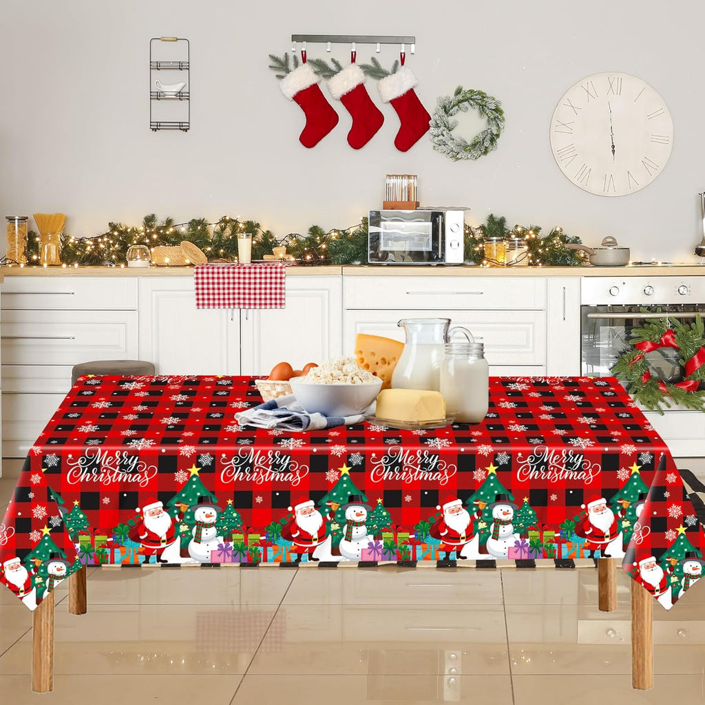 3 Pack Plastic Christmas Tablecloth Red Black Plaid Table Cover Snowman Santa Claus Table Cloth for Xmas Decorations Winter Holiday Party Supplies
