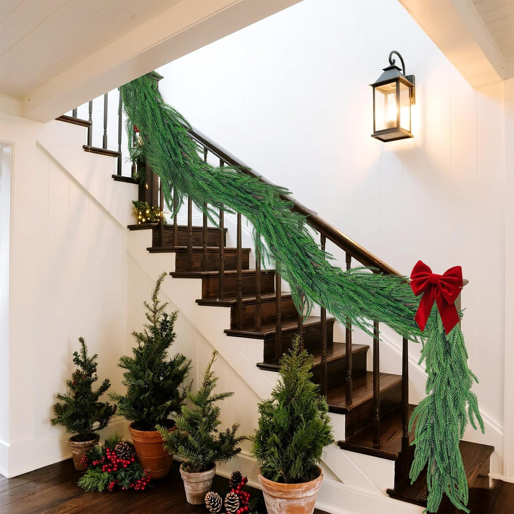 2 Pcs 9 Ft Norfolk Pine Garland, Artificial Dense Christmas Garland Ornaments, Real Touch Greenery Garland for Fireplace, Stairs, Table, Mantle, Wall, Indoor, Outdoor Christmas Decorations