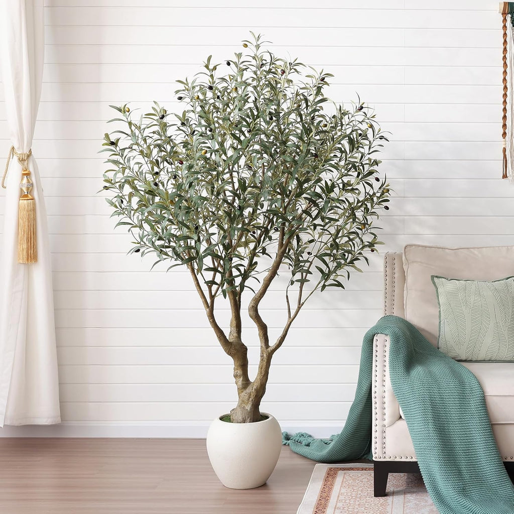 Artificial Olive Tree 6FT Faux Plant Home Decor - Large White Pot with Lifelike Silk Leaves, UV Resistant & No Maintenance - Indoor Outdoor Fake Tree for Modern Office Living Room,VN164