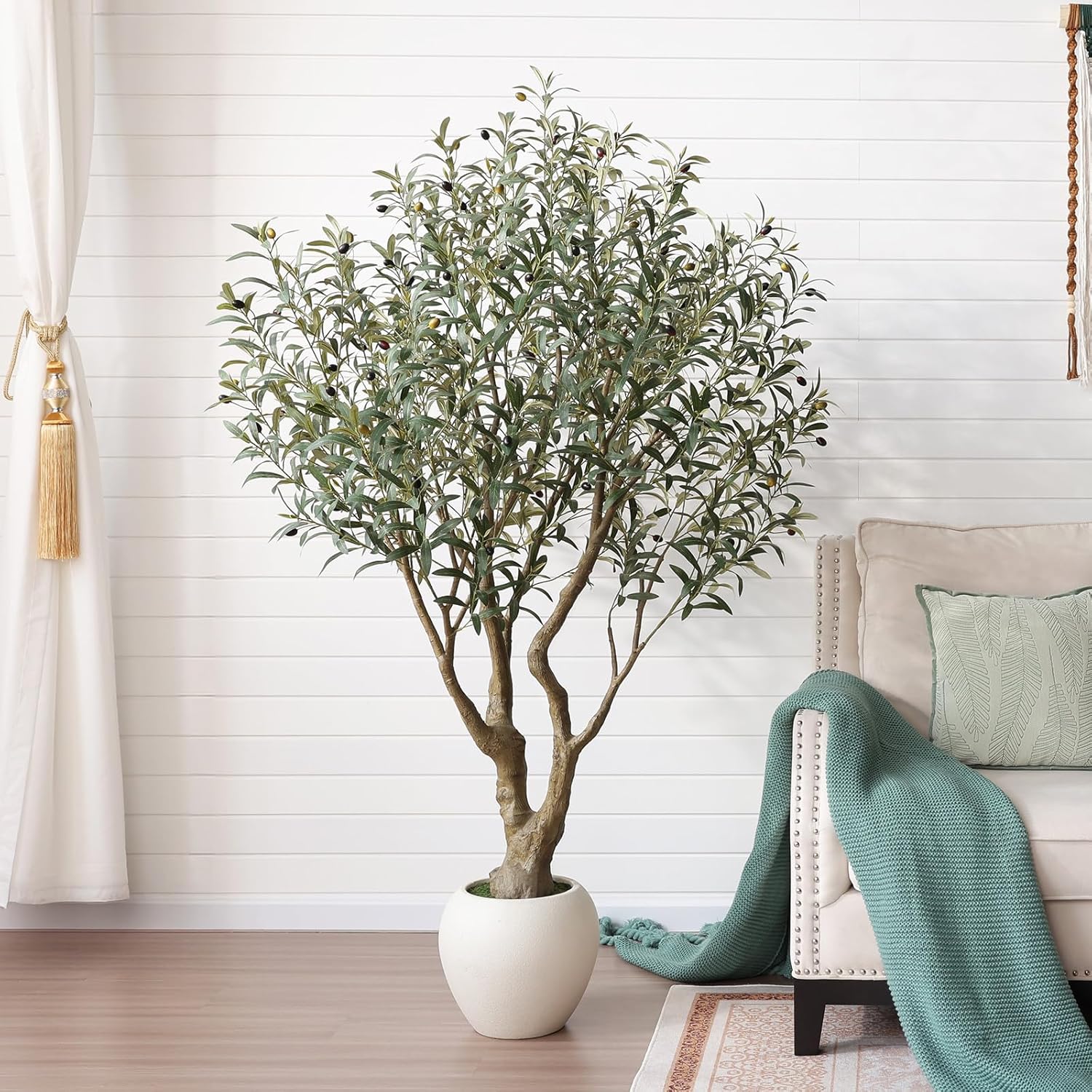 Artificial Olive Tree 6FT Faux Plant Home Decor - Large White Pot with Lifelike Silk Leaves, UV Resistant & No Maintenance - Indoor Outdoor Fake Tree for Modern Office Living Room,VN164