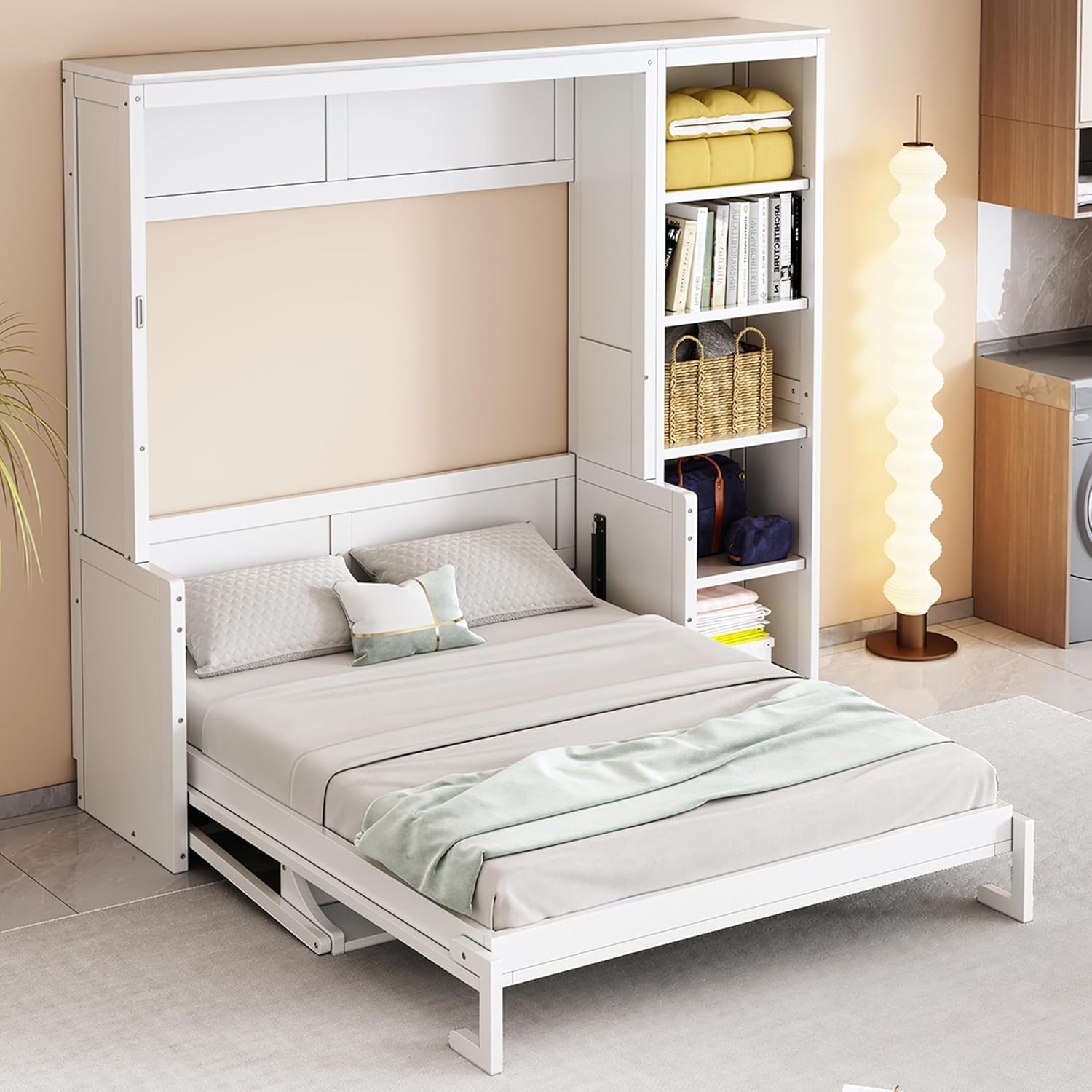 MERITLINE Full Murphy Bed with Desk and Storage Shelves,Wood Hideaway Murphy Wall Bed with Storage Bookcase for Adults (White,Full)