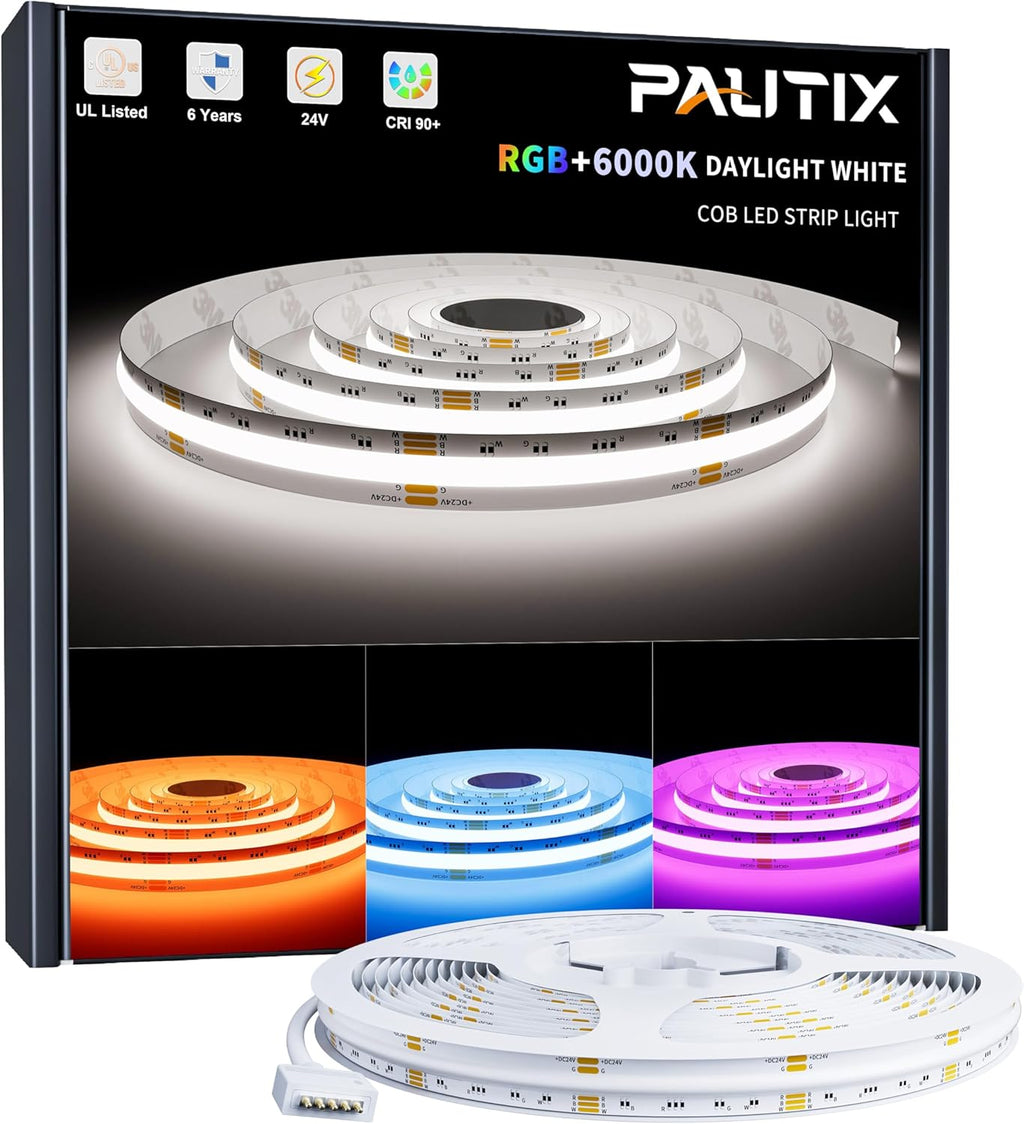 PAUTIX RGBW 6000K COB LED Strip Light 20ft/6.1m,UL Listed 24V Color Changing Tape Lights with 896LEDs/m Multicolor Flexible for TV,Bedroom,Party DIY Decoration(Power Supply & Controller Not Included)