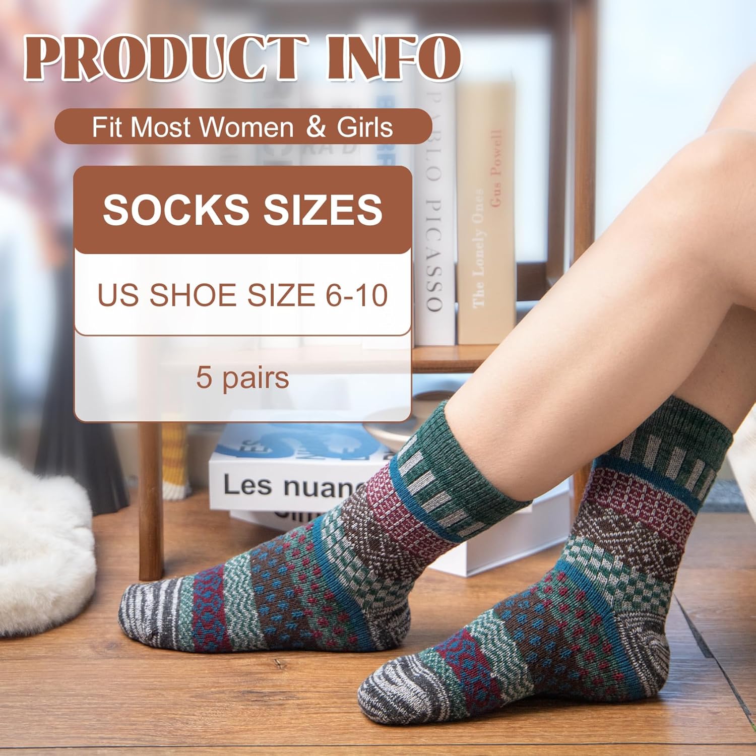 Justay 5 Pairs Wool Socks for Women - Winter Thick Boot Cozy Crew Vintage Soft Calf Knit Warm Socks Gifts