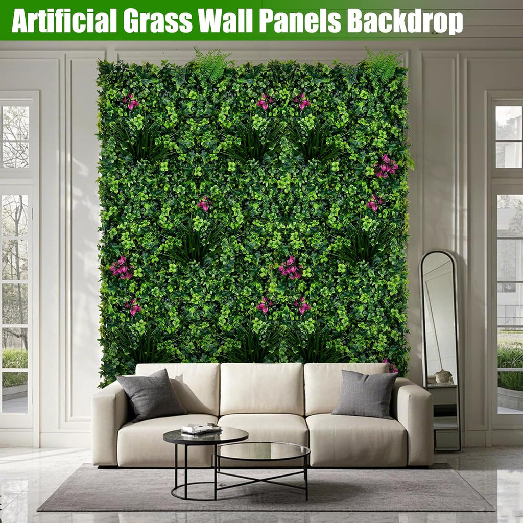 Artificial Grass Wall Panels, 20"x20" 8pcs Grass Backdrop with Mint Plant Leaves, UV-Anti Fake Greenery Plant Boxwood Panels for Privacy Fence Screen, Outdoor Green Wall Decor for Patio Garden