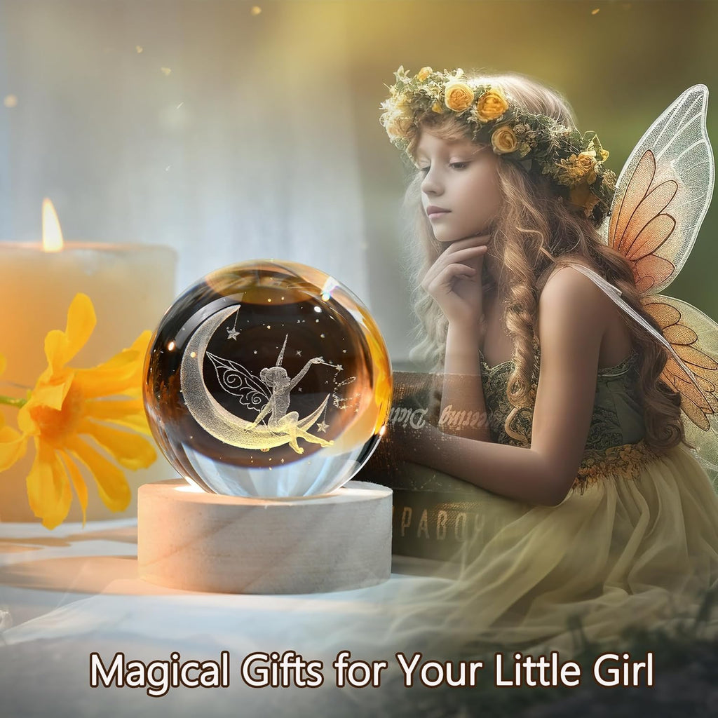 IFOLAINA Moon Fairy Crystal Ball - 3D Laser Engraved Glass Night Light, Decorative Globe, Crystal Moon Sphere - Gifts for Girls, Her, Fairy Lovers