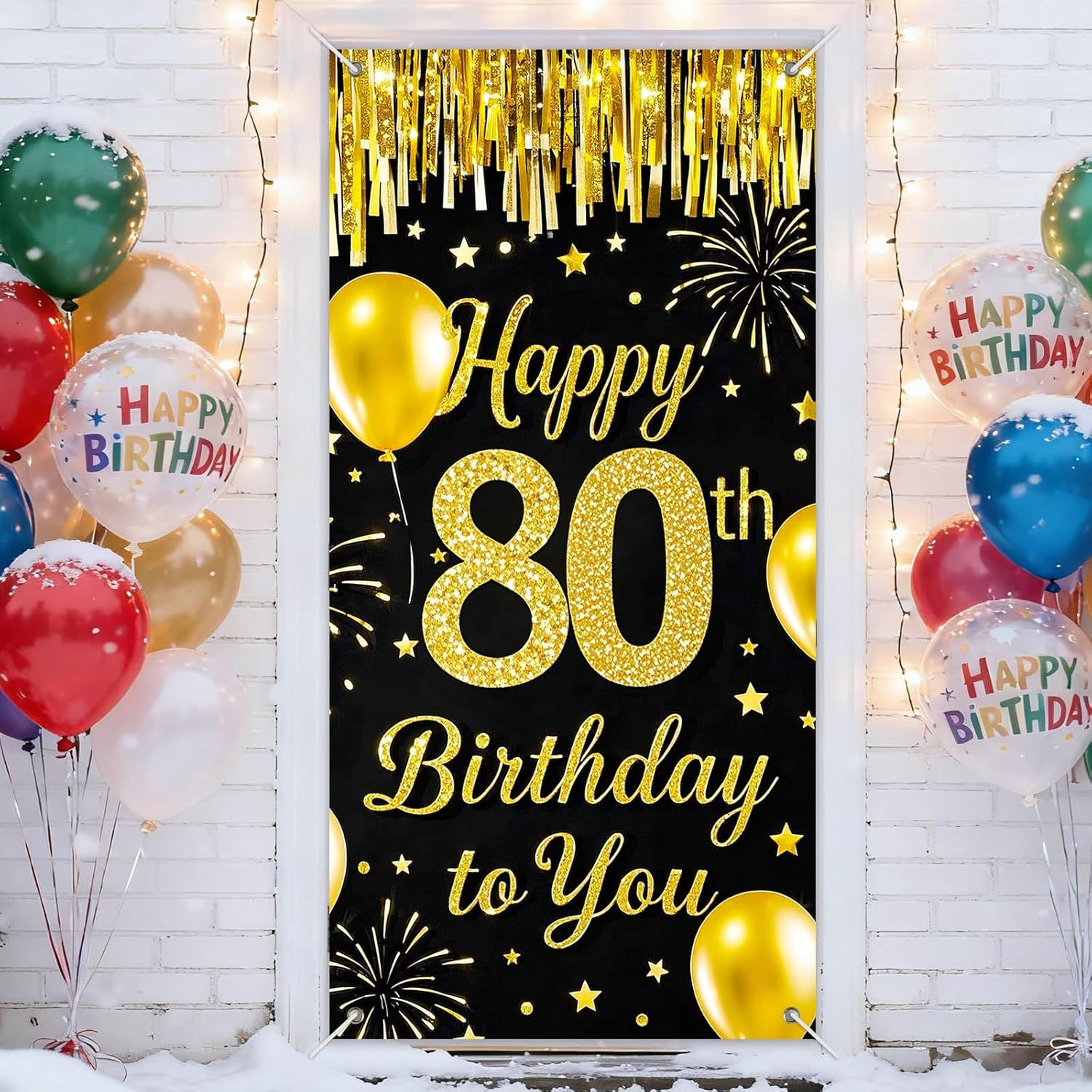IVN 80th Birthday Door Cover 71x35 Inch Black Gold Birthday Banner for Party Decorations Balloons Stars Fireworks Backdrop Sign for Men Women Photo Booth Prop Wall Decor