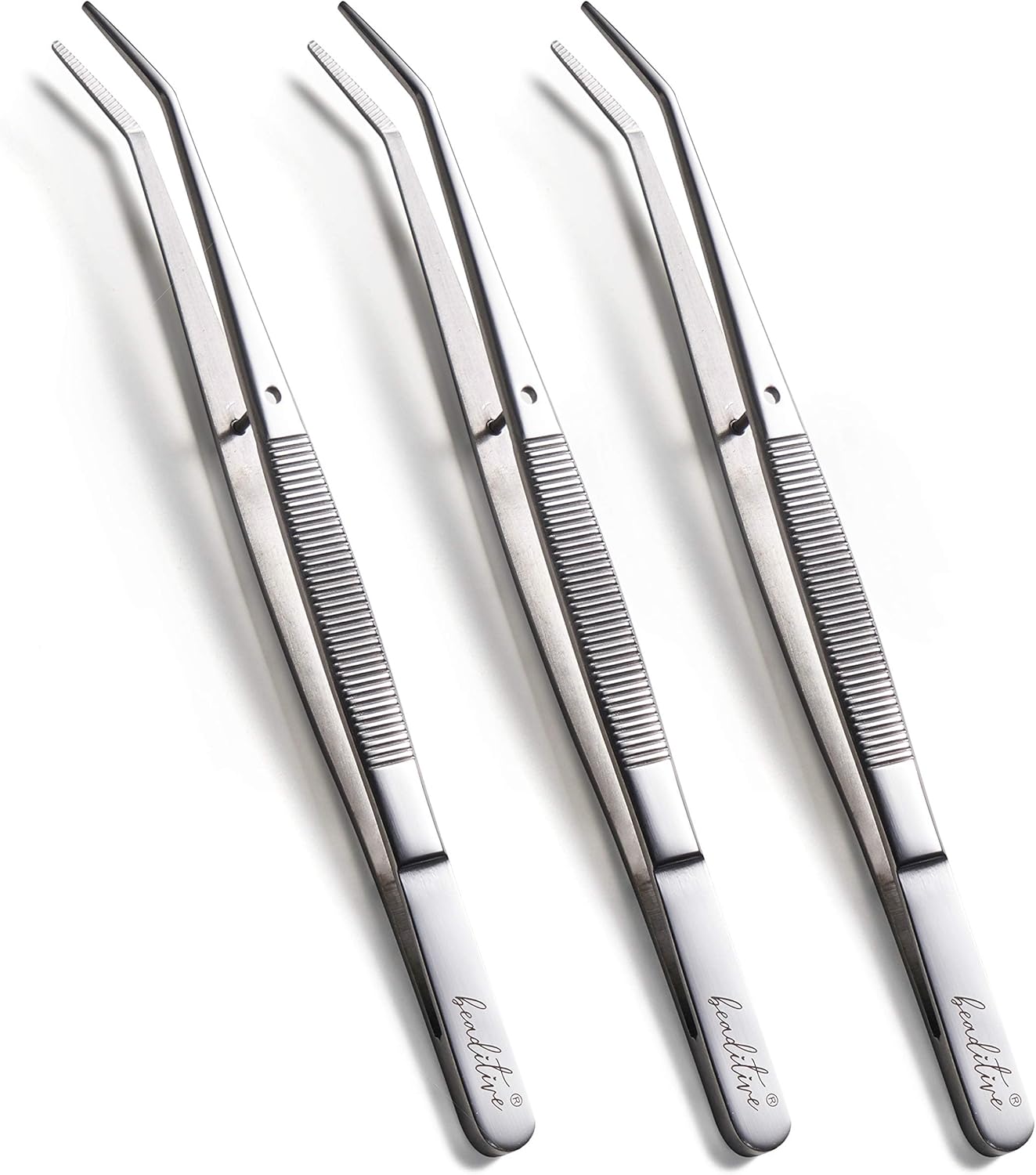 Beaditive 6-inch Sewing Machine Tweezers Set (10-PC) Serrated Bent Tips | Professional Grade, High Precision | Stainless Steel