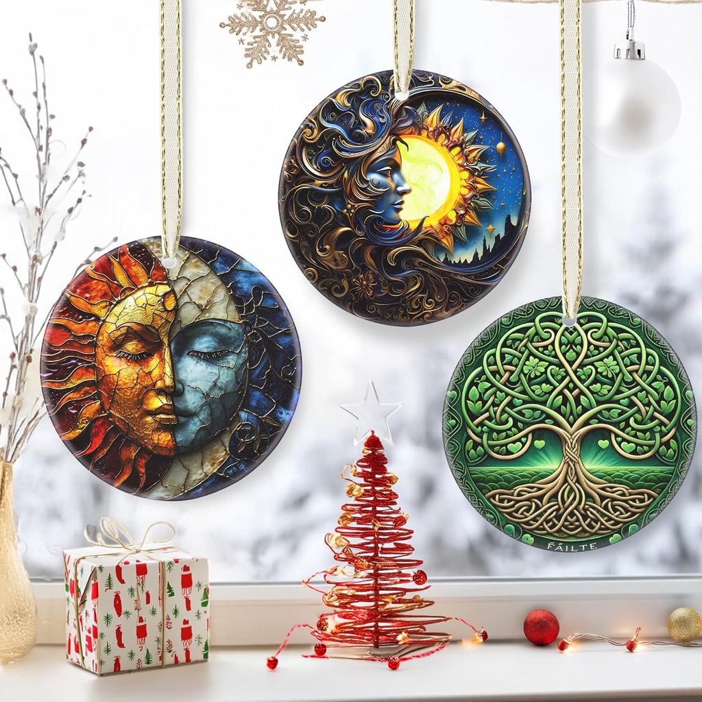 3.5 Inch Ceramic Christmas Tree Ornament, Sun and Moon God Christmas Ornaments, Heirloom Keepsake, Gift Exchange, Gift Idea, Bauble Present