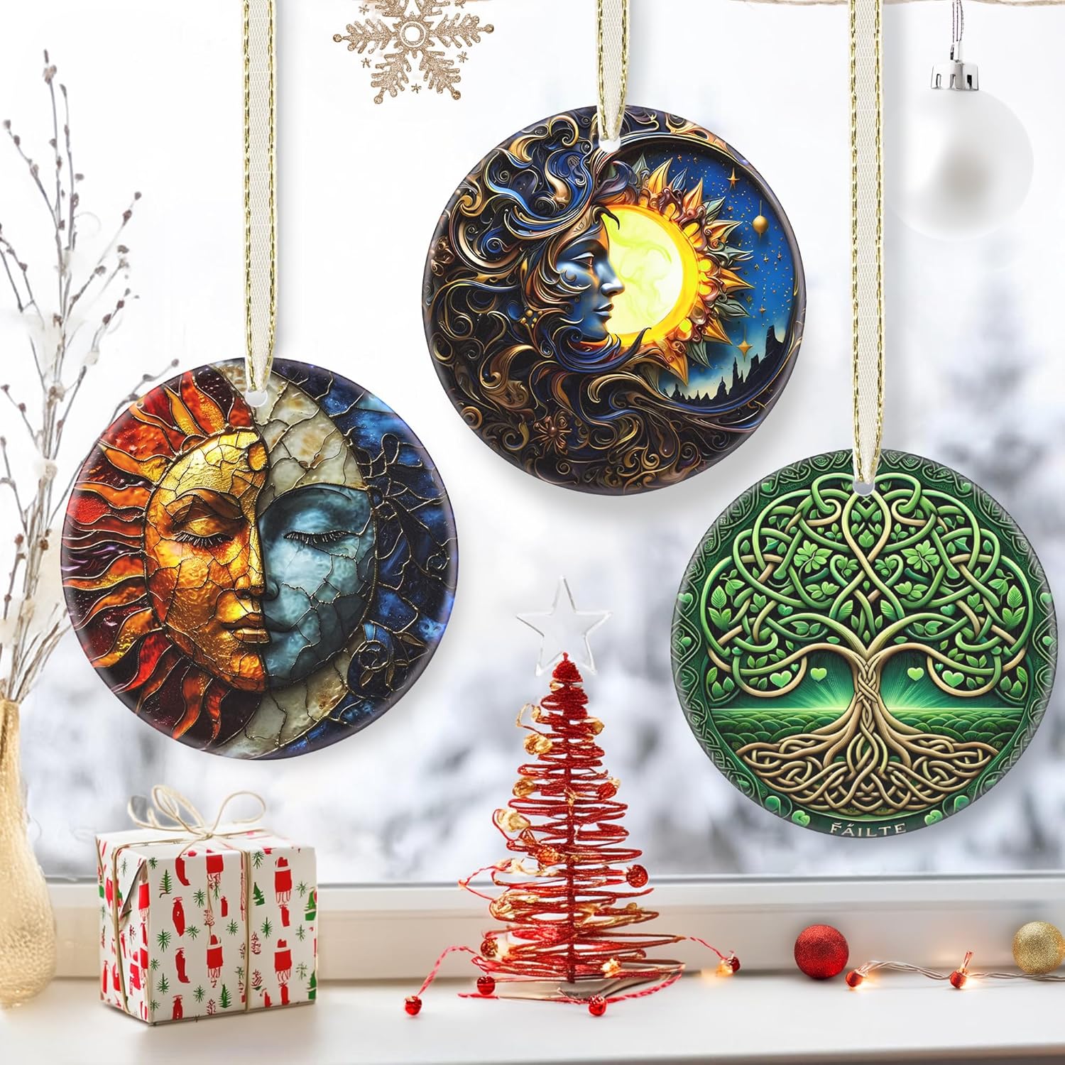 3.5 Inch Ceramic Christmas Tree Ornament, Sun and Moon God Christmas Ornaments, Heirloom Keepsake, Gift Exchange, Gift Idea, Bauble Present