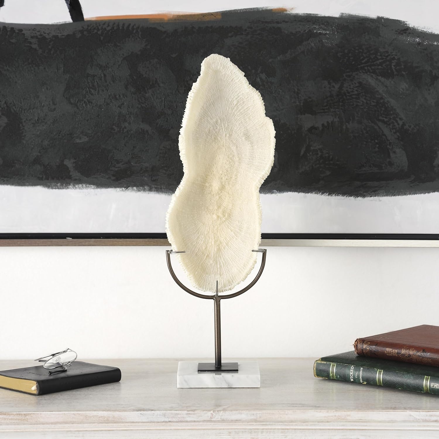 Deco 79 Polystone Coral Decorative Sculpture Abstract Textured Home Decor Statue with Gray Stand and Acrylic Base, Accent Figurine 7" x 5" x 19", Cream