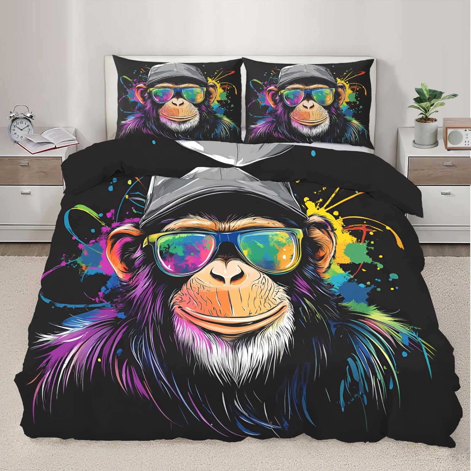 Colorful Monkey Duvet Cover Twin Size, Funny Chimpanzee Bedding Set 2 Piece Kids and Adults Cool Pop Gorilla Comforter Cover and 1 Pillow Sham with Zipper Closure