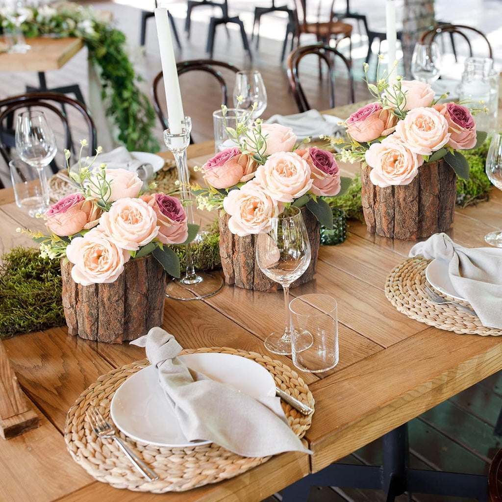 6 Pcs Wooden Vase for Centerpieces Christmas Table Decor Wooden Flower Vase Rustic Bark Stump Buckets Vintage Wood Planter Pots for Xmas Woodland Party Wedding Window Home Farmhouse (Large)