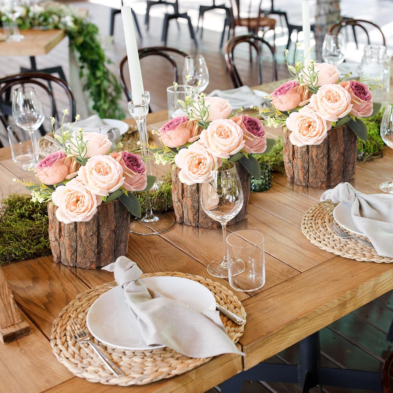 6 Pcs Wooden Vase for Centerpieces Christmas Table Decor Wooden Flower Vase Rustic Bark Stump Buckets Vintage Wood Planter Pots for Xmas Woodland Party Wedding Window Home Farmhouse (Large)
