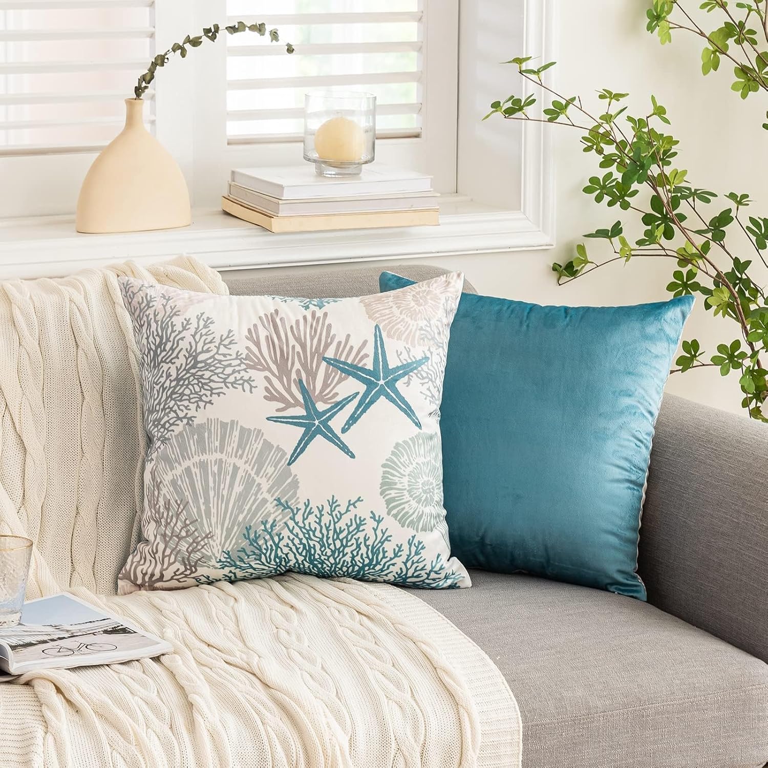 Tritard Nautical Coastal Throw Pillow Covers 24x24 Set of 2 Beach Themed Ocean Seashell Coral Starfish Velvet Couch Decorative Pillow Cases Outdoor Sofa Cushion Cover for Bedroom Living Room, Blue