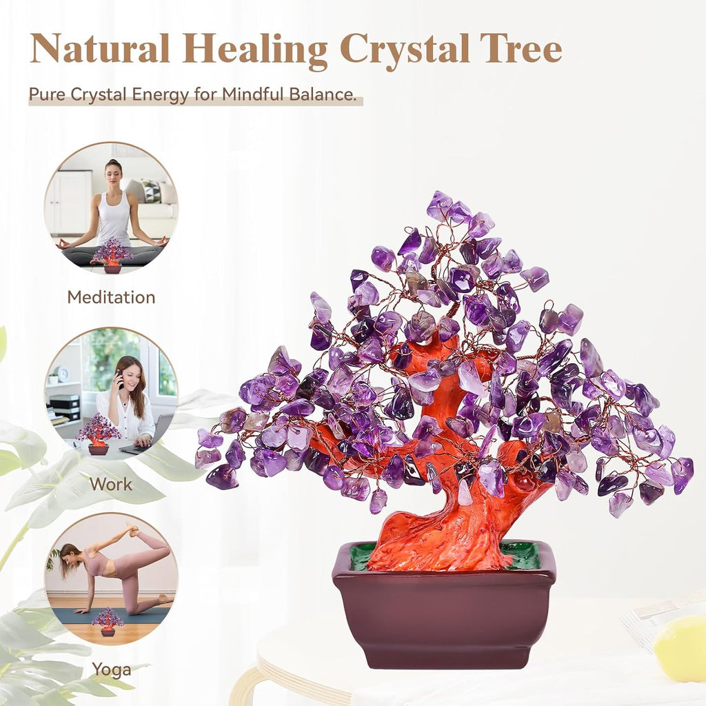 Feng Shui Quartz Crystal Money Tree Bonsai Style Decoration for Luck and Wealth (Purple)