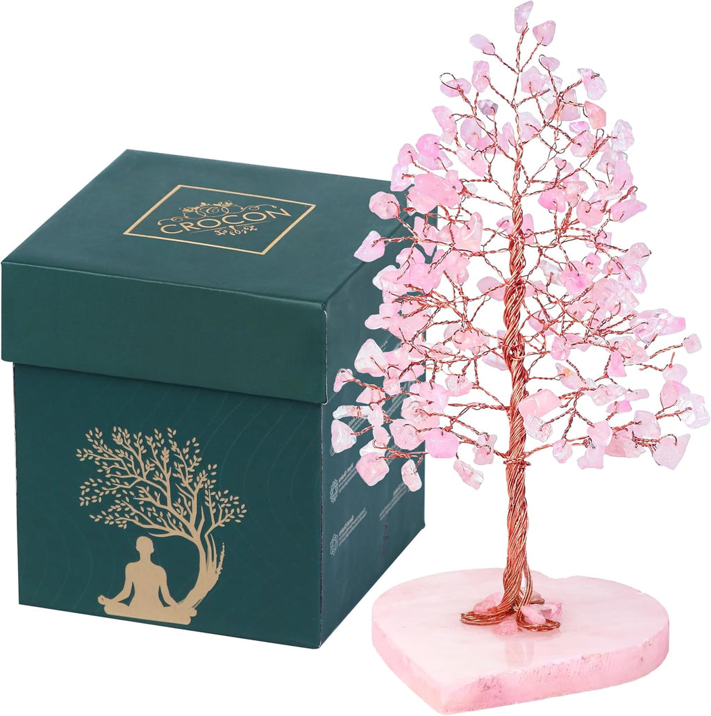 Crocon Crystals Tree Rose Quartz Healing Stones Reiki Crystals Heart Base Spiritual Meditation Energy Home Room Office Desk Decor Pink Gifts for Women Men & Mom Birthday Present