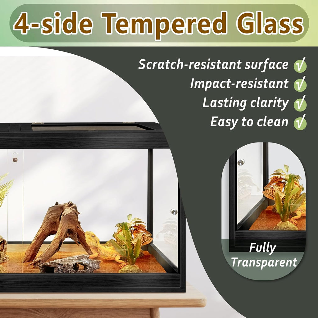 PROLEE Bearded Dragon Tank,37 Gallon Tempered Glass Reptile Tank with Mesh Roof and Front Sliding Door, Anti-Scratch Lizard Tank,Spacious Reptile Enclosure for Snakes,Lguanas, Chameleons(Black)