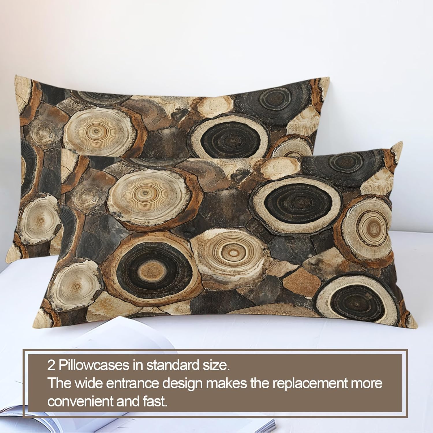 Wooden Logs Duvet Cover Full Size, Brown Wood Textures Bedding Set 3 Piece Bedroom Decor Circles Timber Oak Grain Patterned Comforter Cover with Zipper Ties & 2 Pillowcases