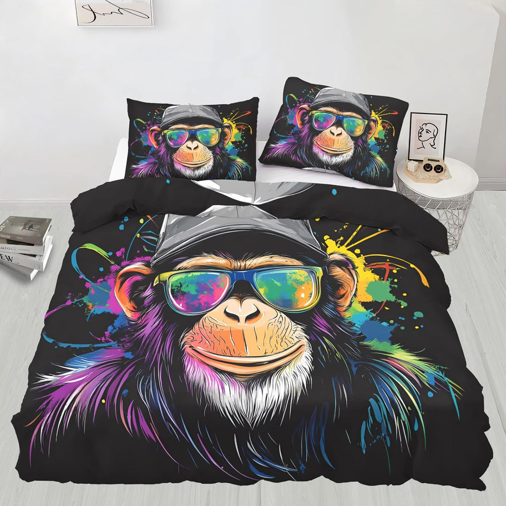 Colorful Monkey Duvet Cover Queen Size, Funny Chimpanzee Bedding Set 3 Piece Bedroom Decor Cool Pop Gorilla Comforter Cover and 2 Pillow Sham with Zipper Closure