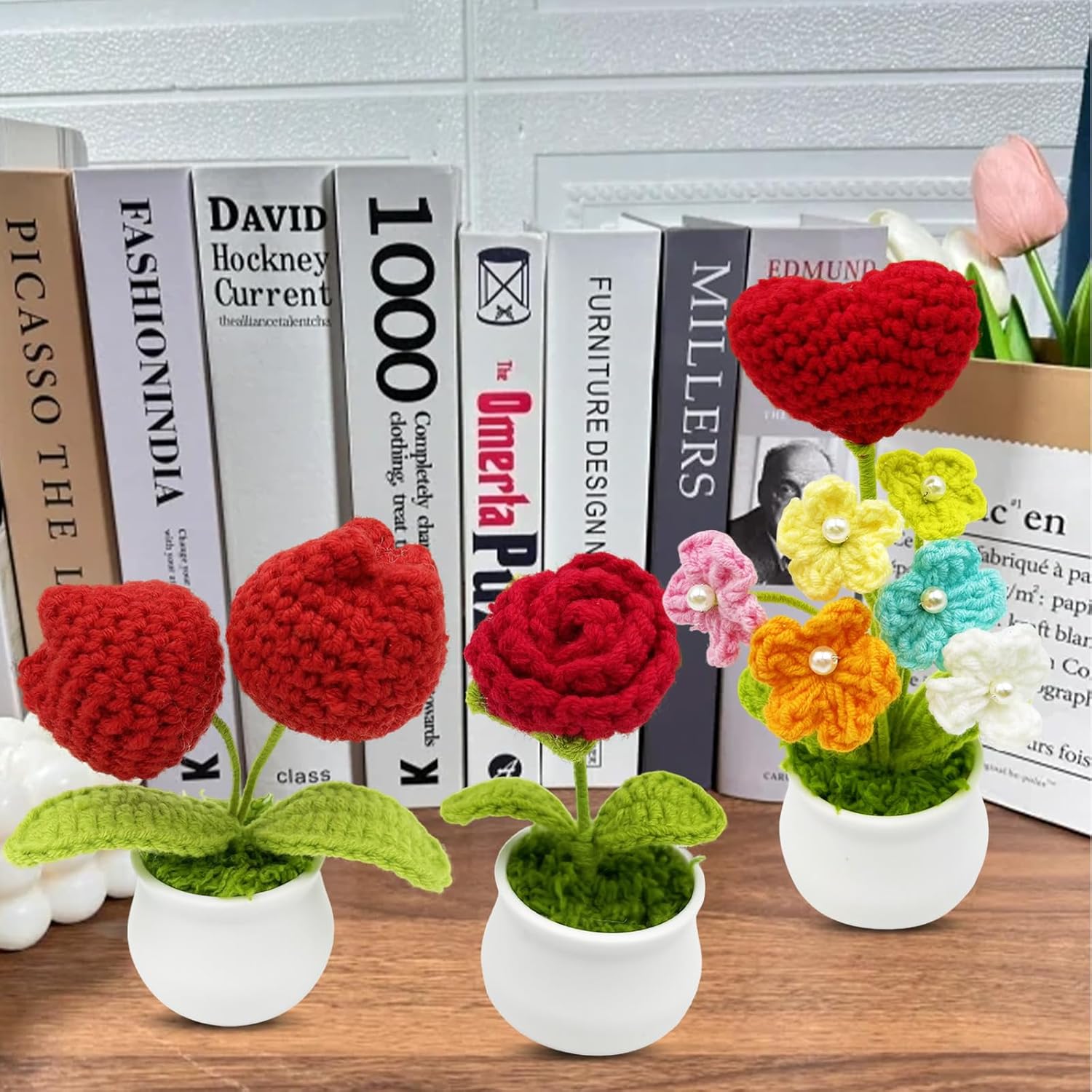 3pcs Crochet Flowers Cute Potted Flower,Mini Flower Bouquet for Mom Wife, Cute Desk Decor for Women,Artificial Handmade Flowers for Car Dashboard,Home Office Decoration (Color#7)