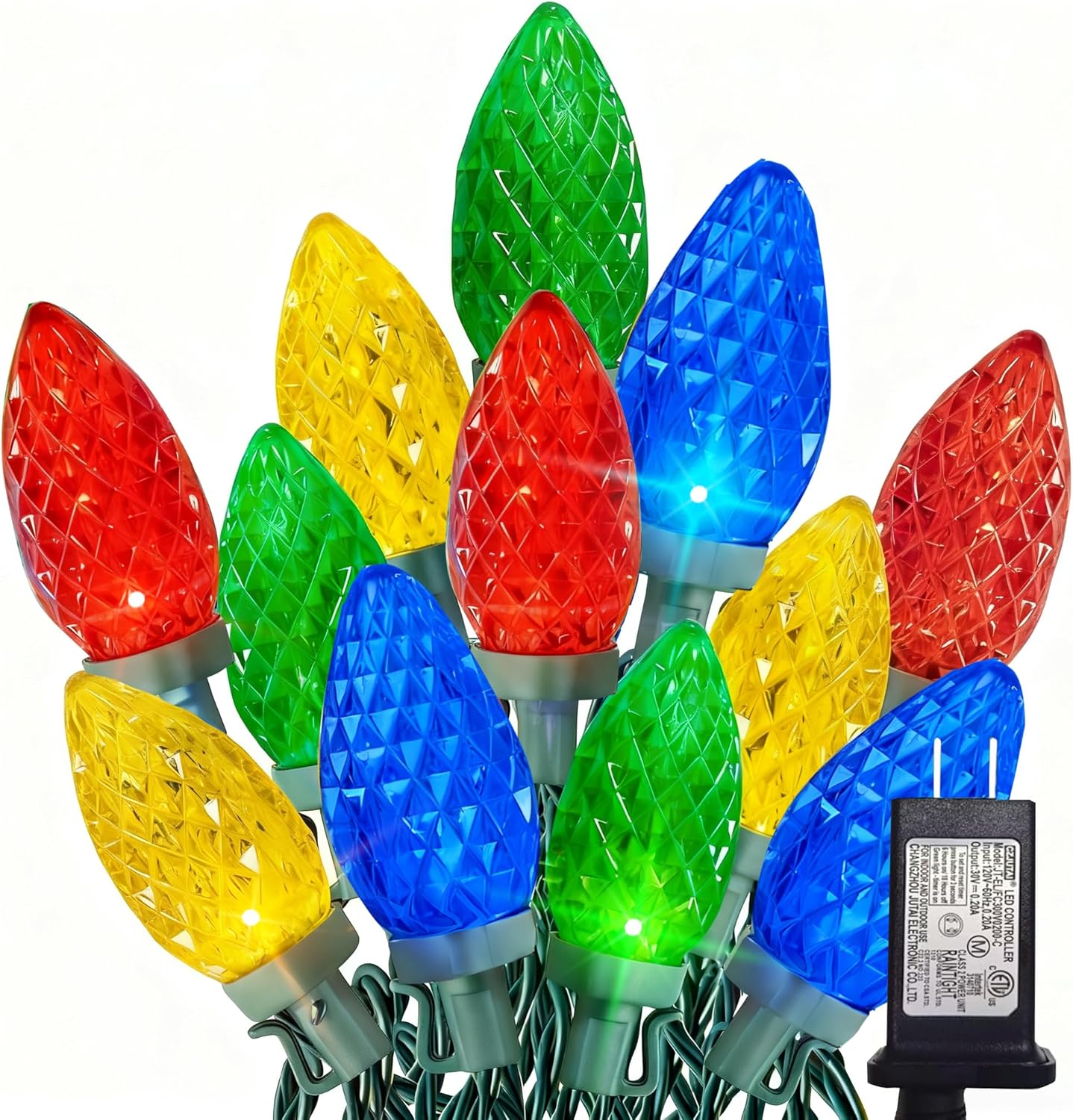 Dazzle Bright C9 Christmas String Lights, 100 LED 66 FT Waterproof Connectable Green Wire Fairy Lights, Christmas Lights for Indoor Outdoor Home Yard Xmas Tree House Decorations (Multi-Colored)