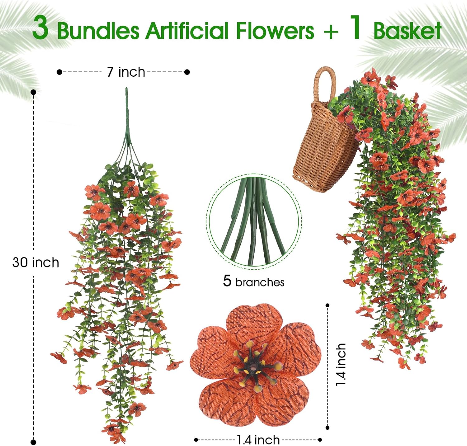 3 PCS Artificial Fake Hanging Flowers Plants with Basket for Spring Outdoor Outside Decoration, UV Resistant Faux Plastic Fabric Flower for Garden Porch Patio Balcony Yard Decor（Orange）