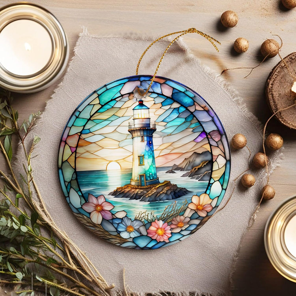 Stained Ceramic Lighthouse Ornament - Christmas Tree Ornaments - Christmas Decorations - Lighthouse Decor for Office, Room, Home - Holiday Present Ideas