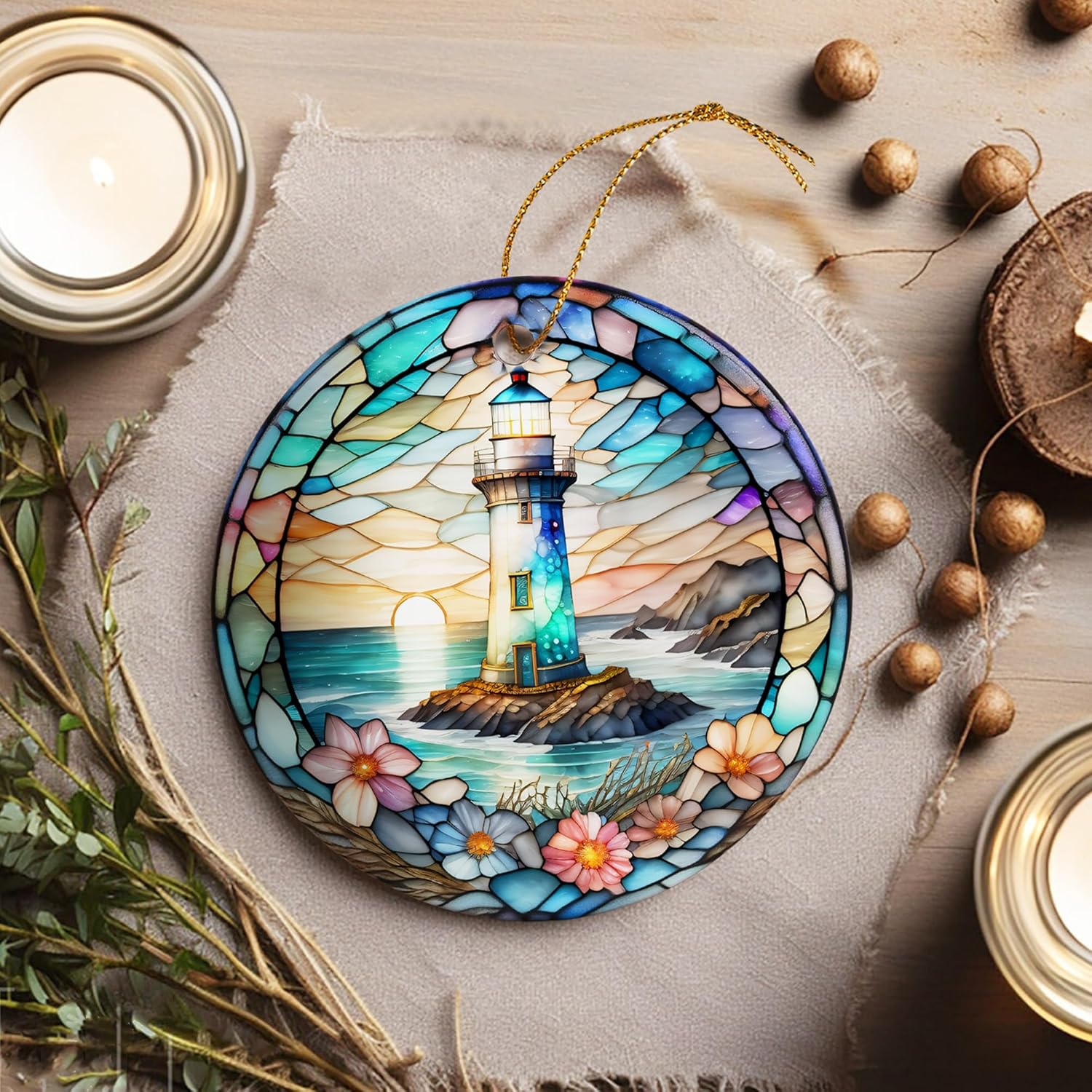 Stained Ceramic Lighthouse Ornament - Christmas Tree Ornaments - Christmas Decorations - Lighthouse Decor for Office, Room, Home - Holiday Present Ideas