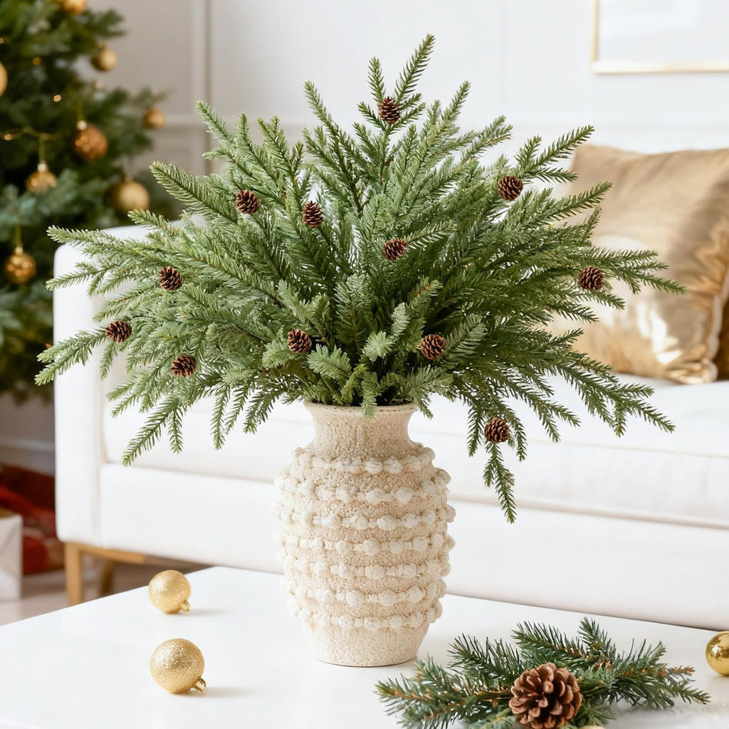DN DECONATION Artificial Christmas Norfolk Pine Stems, Faux Pine Branches with Cones 35.4" 6PCS - Greenery Fake Pine Needles for Vase Arrangements, Winter, Holiday Indoor Outdoor Home Decor